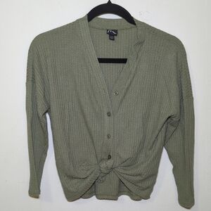 Art Class Olive Green Tie-Waist Waffle Knit Button-Up Cardigan Girls Size L